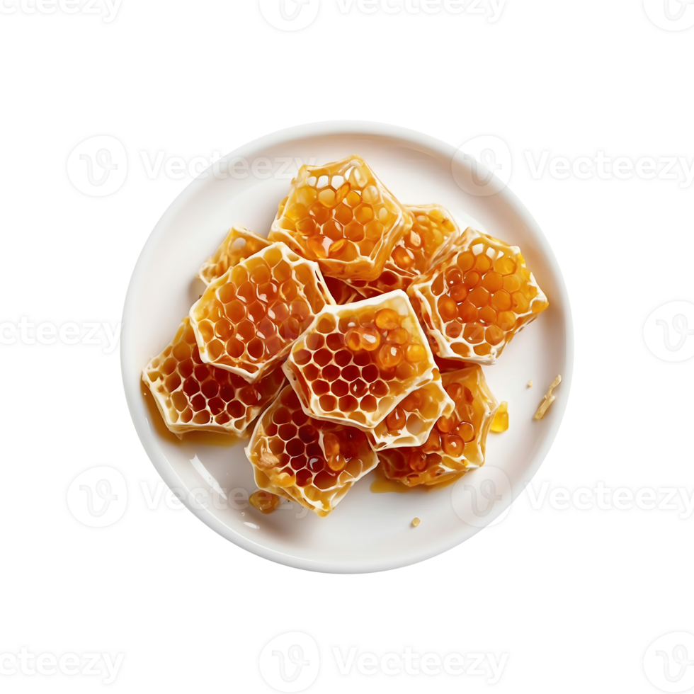 Plate of Honeycomb with Honey and Cream isolated on a transparent background png