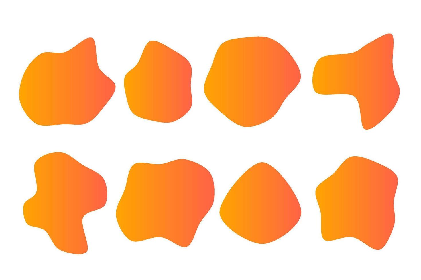 An image of eight orange and yellow abstract shapes, arranged in two rows on a white background. The shapes are organic and flow smoothly from dark orange to light yellow. vector