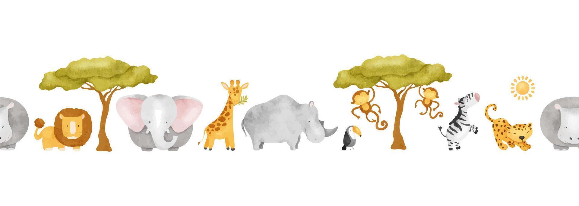 African animals giraffe, lion, elephant, rhinoceros, hippo, toucan and monkeys. Seamless border of Savannah animals. Watercolor banner for Baby card, design kid's room, textiles vector