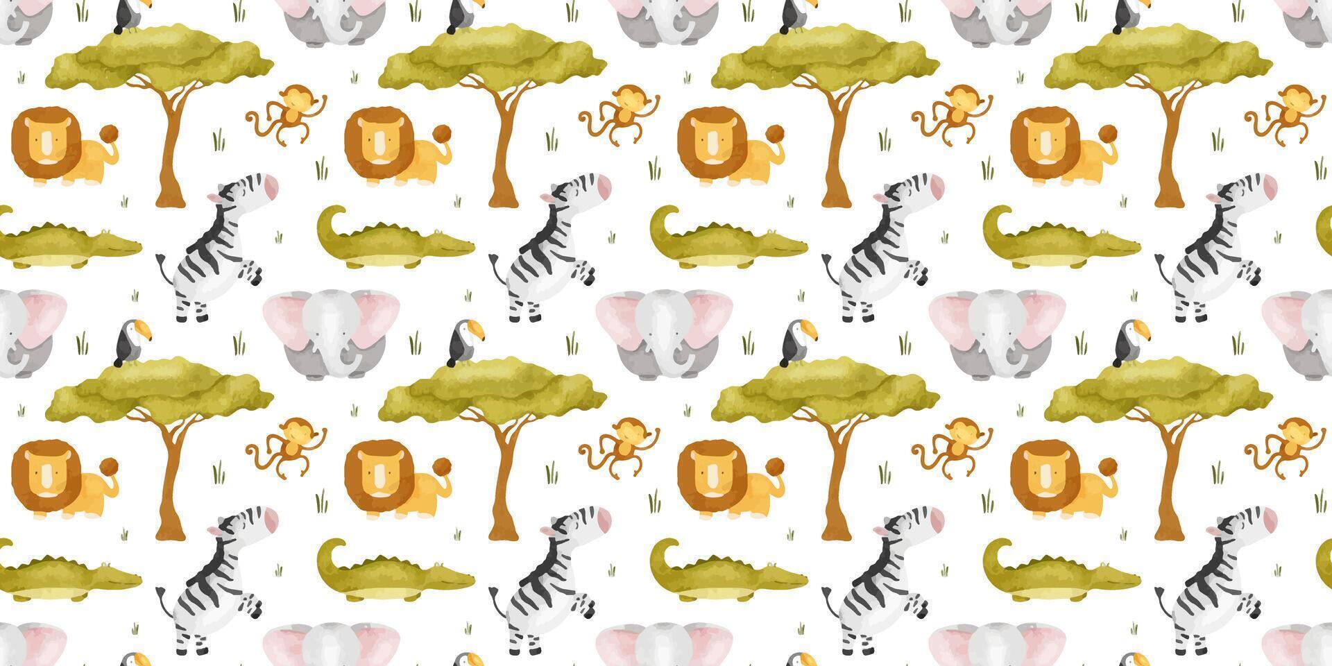 Cute baby African jungle animals Lion, zebra, crocodile, elephant, monkey, toucan. Watercolor seamless pattern. Childish background. Safari Print for design kid's goods, cards, fabric vector
