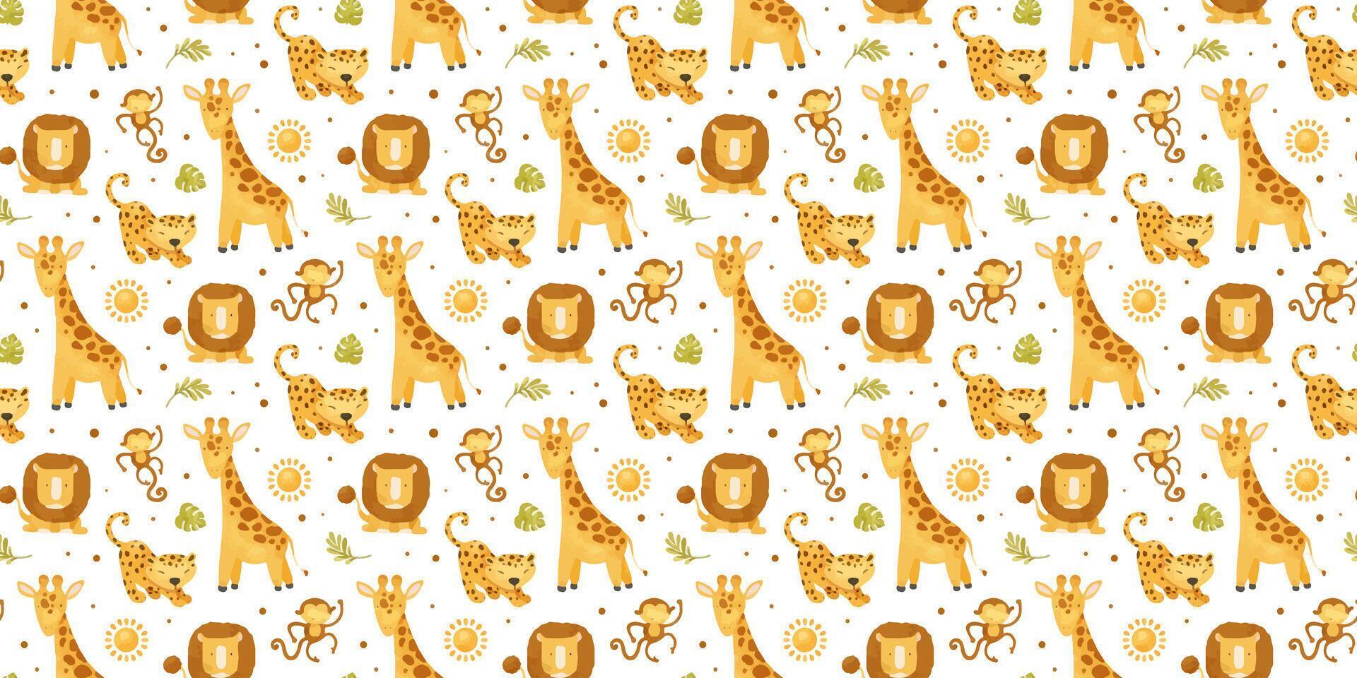 Cute baby African jungle animals Lion, leopard, cheetah, monkey, giraffe and leaves, sun. Watercolor seamless pattern. Childish background. Safari Print for design kid's goods, cards, fabric, vector