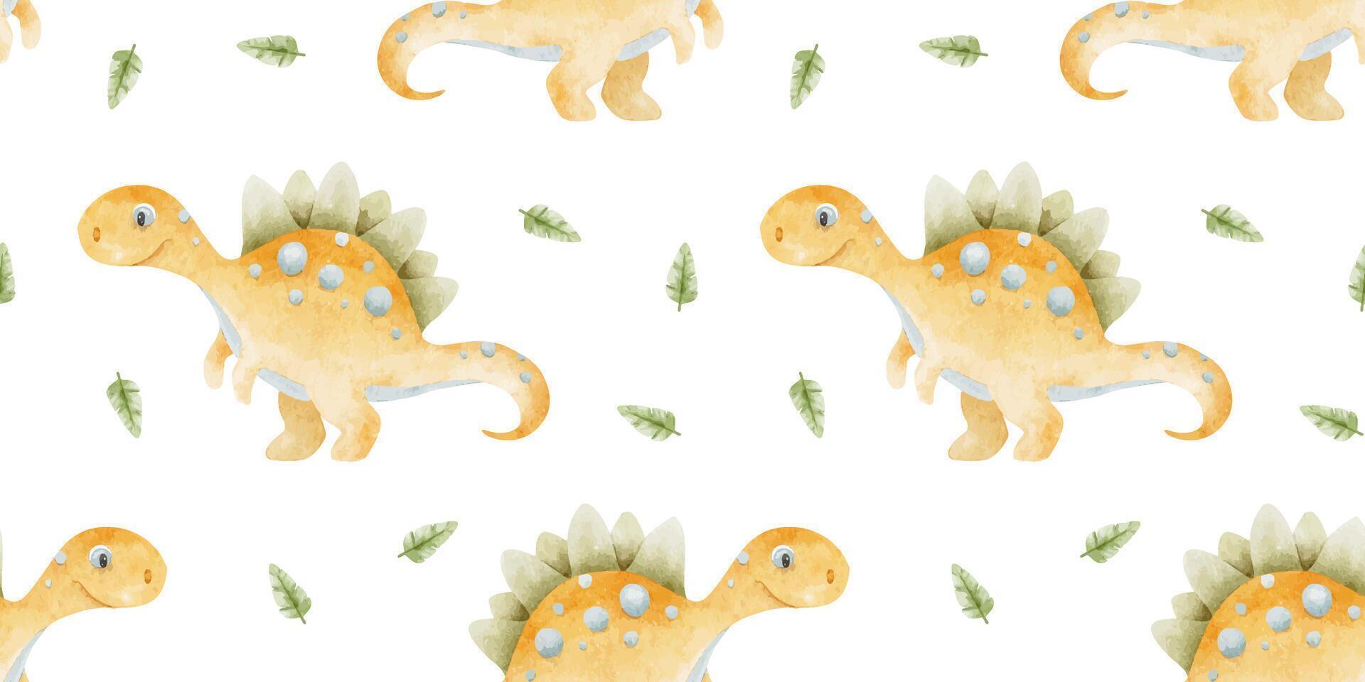 Cute orange dino, Dinosaurs and palm leaves. Print with Centrosaurus. Watercolor seamless pattern for design kid's goods cards, postcards, fabric, scrapbooking, office supplies vector