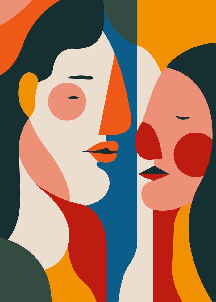 Vibrant abstract illustration featuring two stylized faces in bold geometric shapes and colors vector