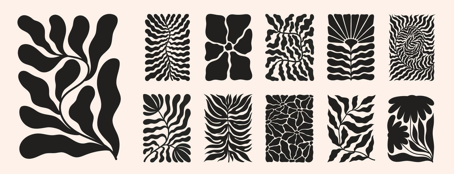 Groovy abstract flower posters. Floral doodle naive patterns. Contemporary matisse style. Trendy set vector