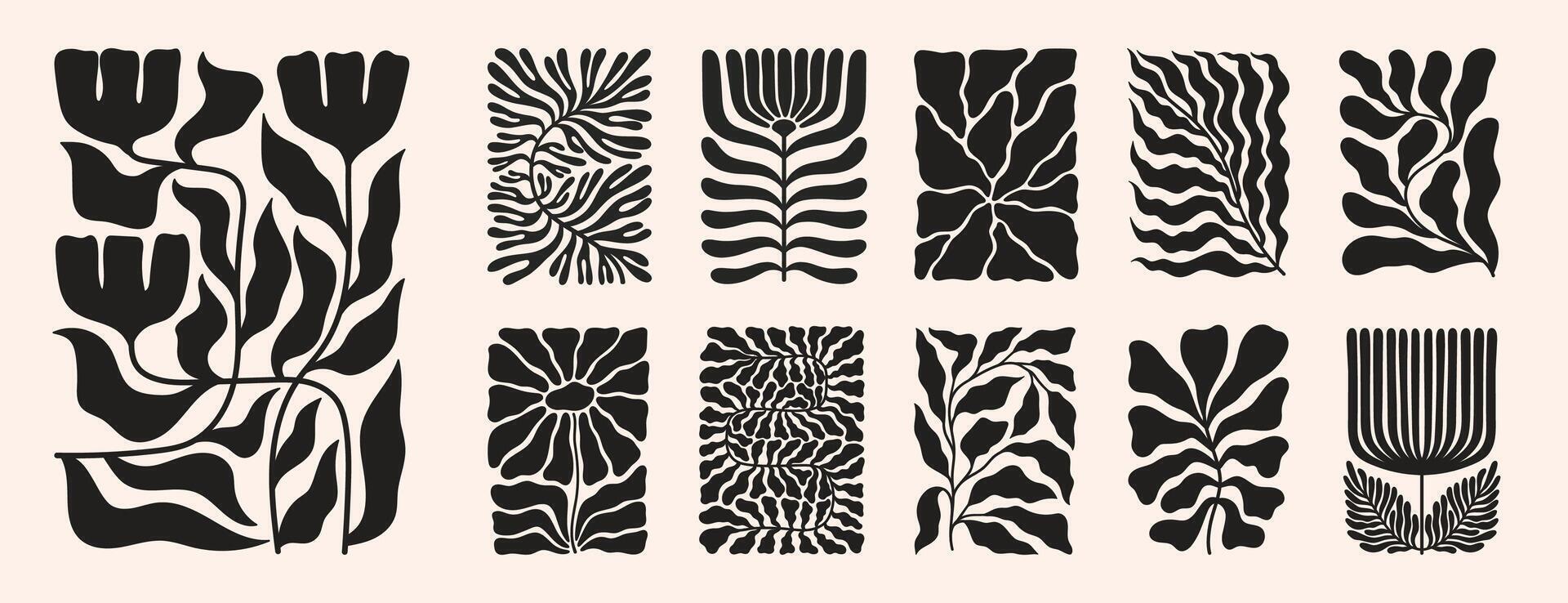 A retro 70s-inspired poster featuring a groovy floral pattern with Matisse-style leaf shapes and doodles, blending modern and organic elements vector