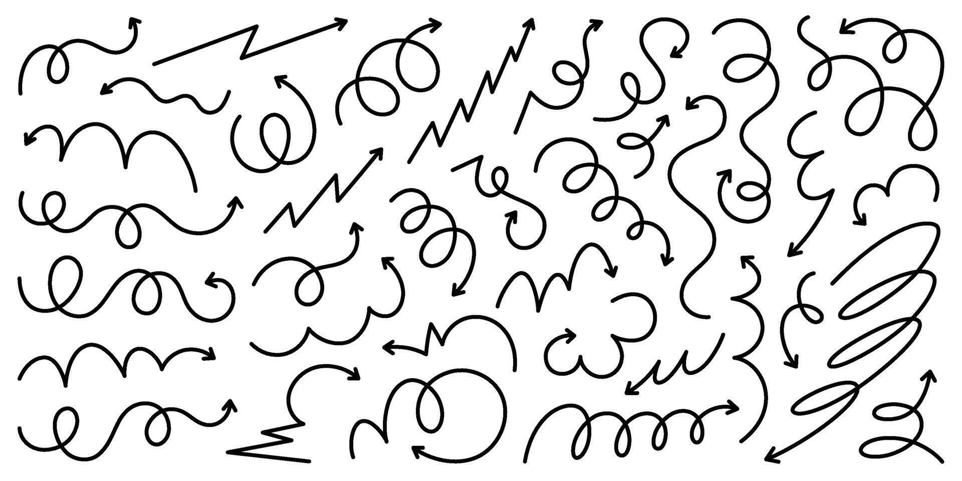 Hand drawn thin line arrows collection. Curvy and wavy simple arrow set. signs and symbols vector