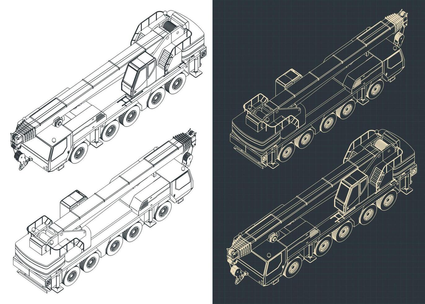 Mobile crane isometric blueprints vector