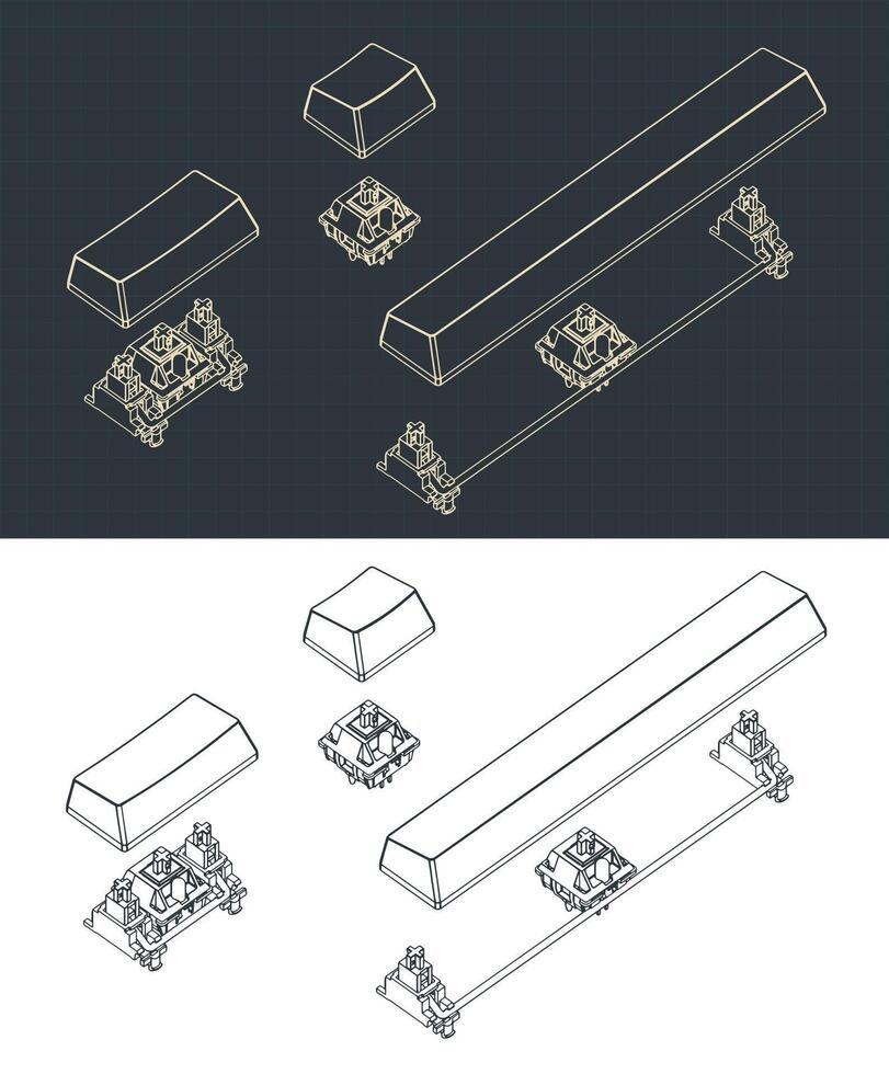 Mechanical keyboard switches and keycaps drawing vector