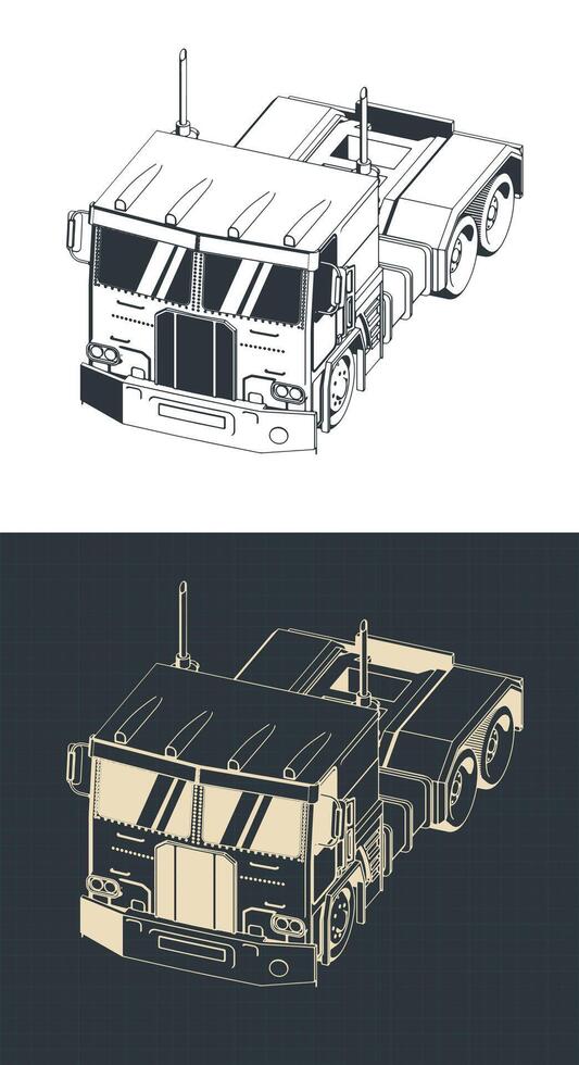 Truck tractor isometric blueprints vector