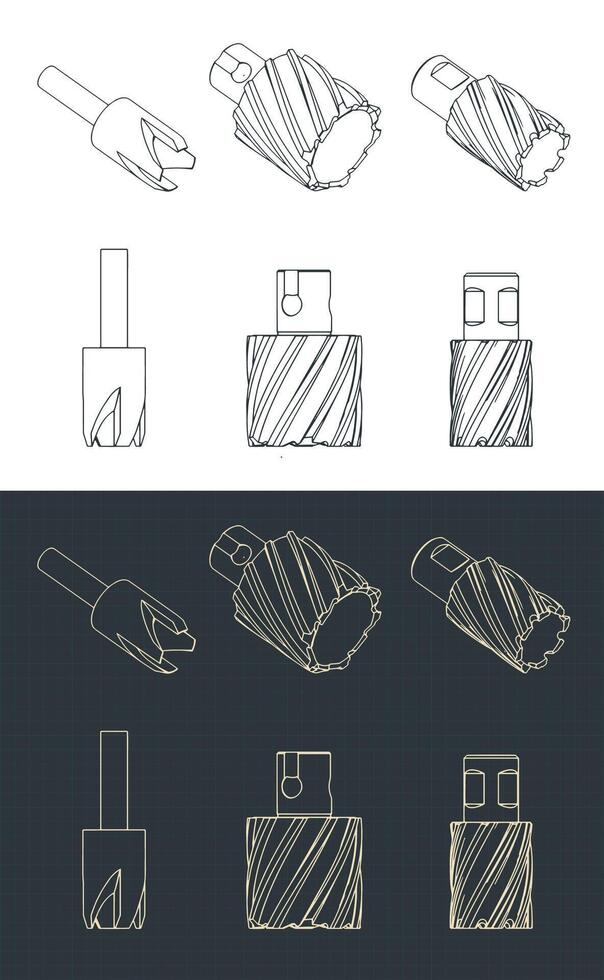 Annular cutters isometric blueprints vector