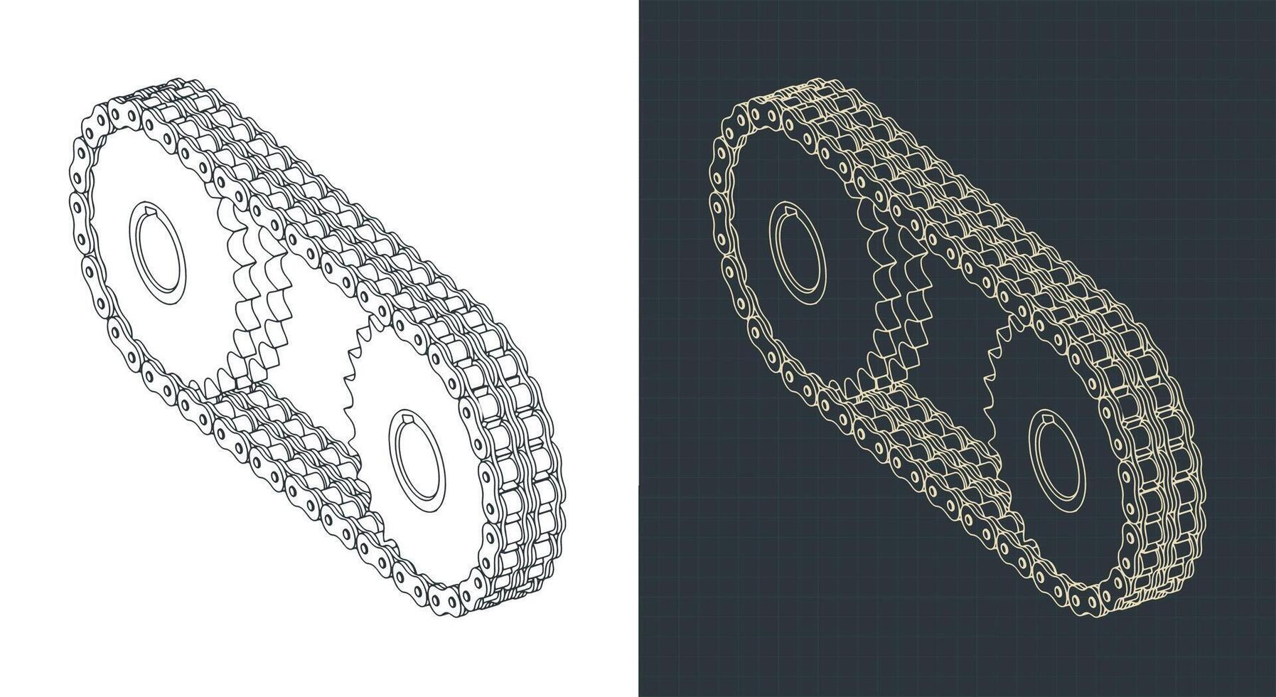 Double chain drive isometric technical drawings vector