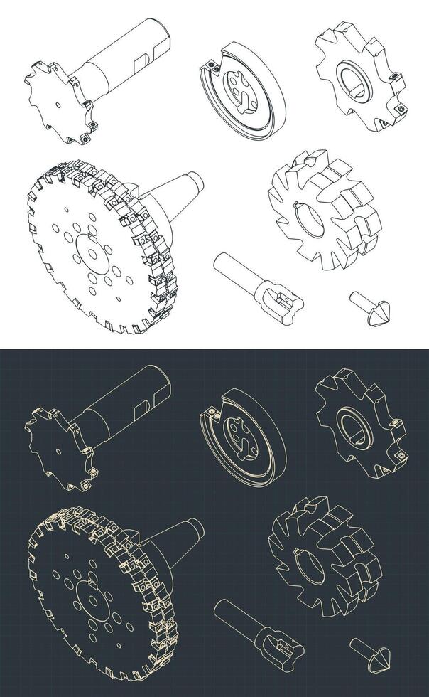 Milling cutters isometric blueprints vector