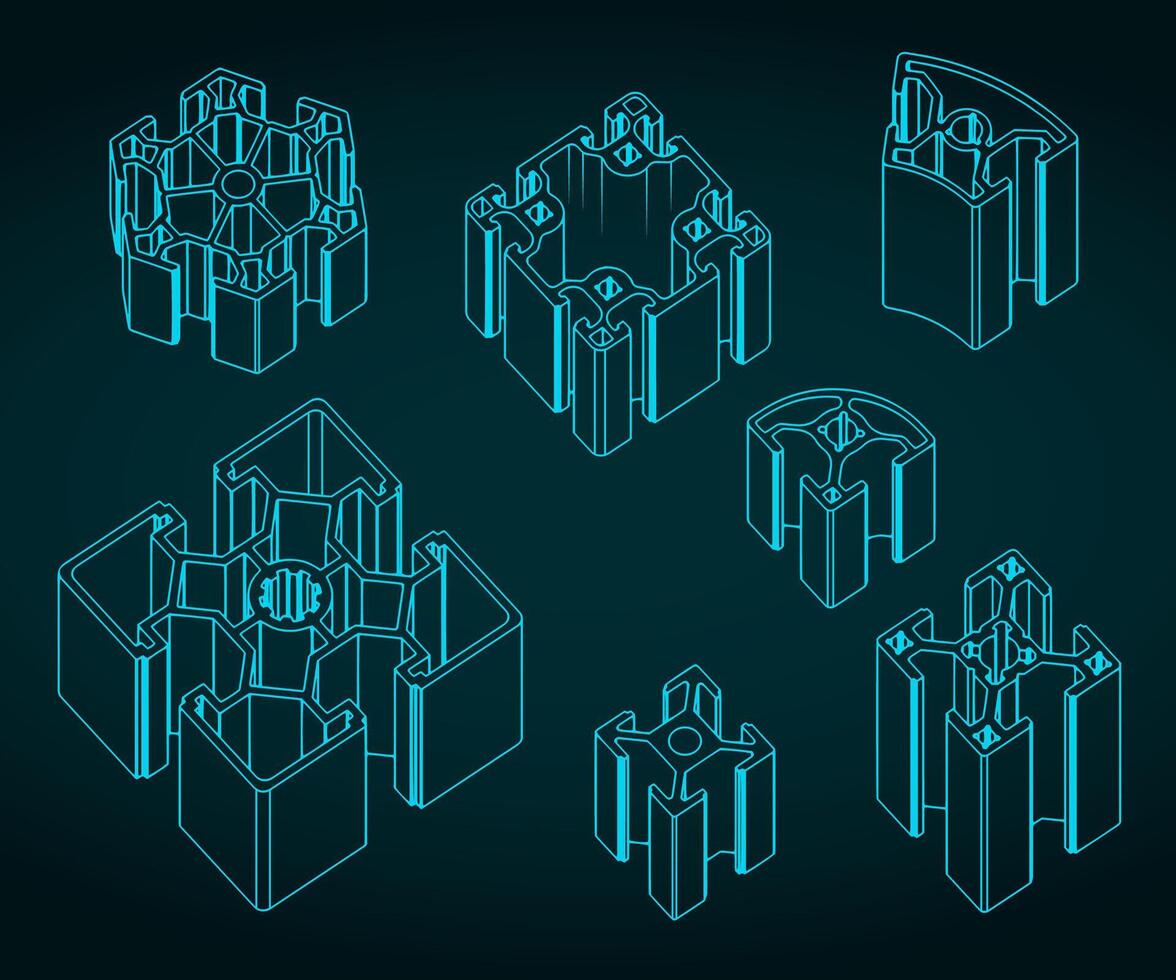 Aluminum profiles isometric blueprints vector