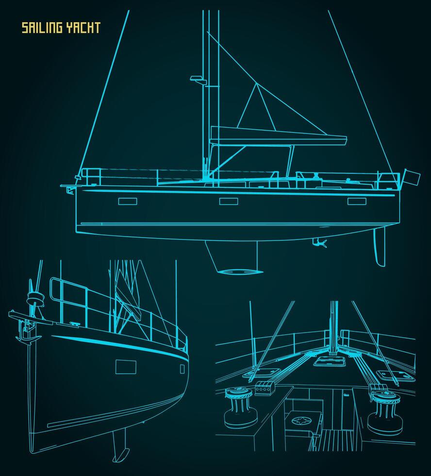 Sailing yacht technical drawings illustrations vector