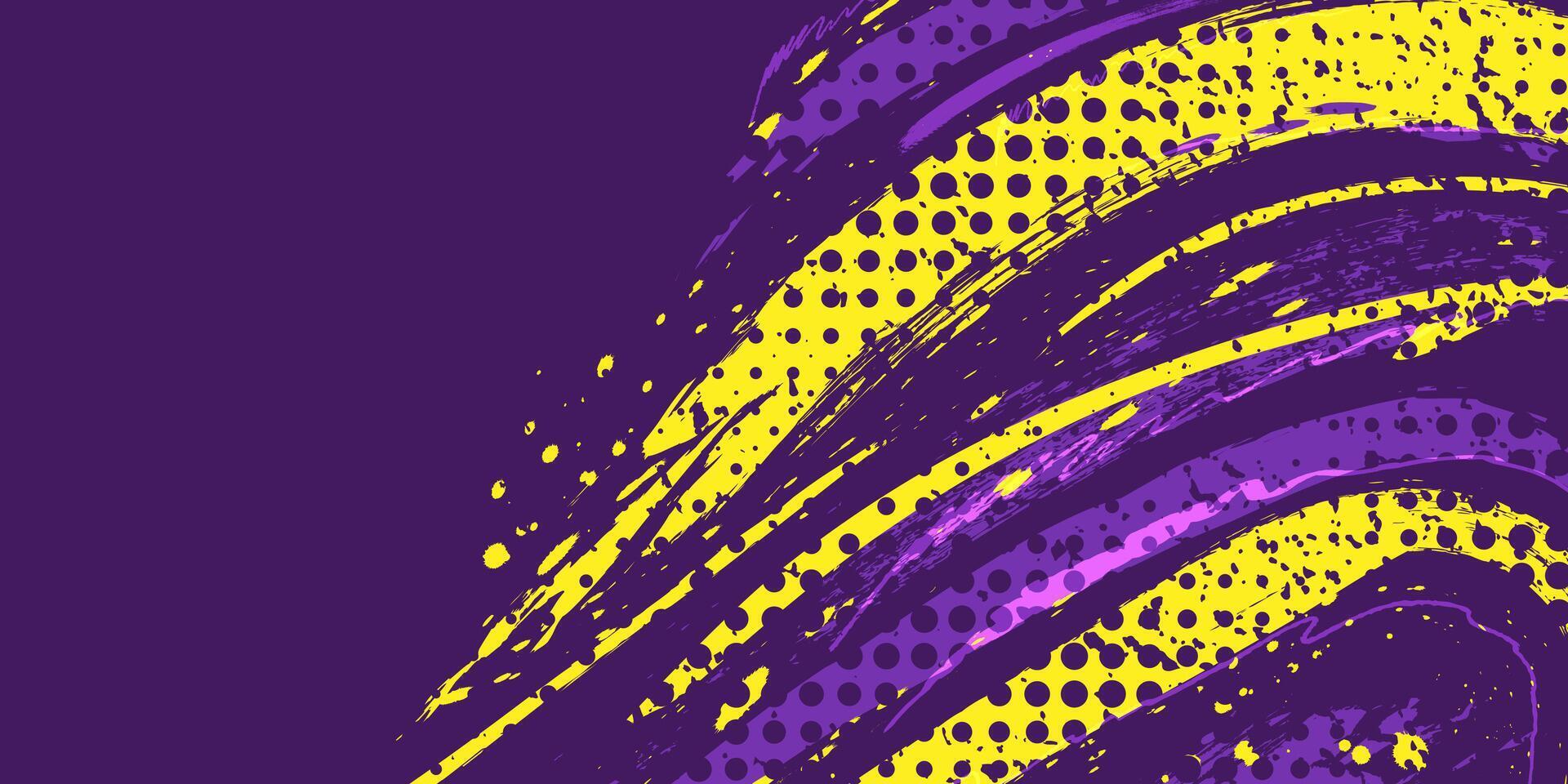 Abstract Sports Background with Purple and Yellow Brush Texture and Halftone Effect. Grunge Background for Banner or Poster Design vector