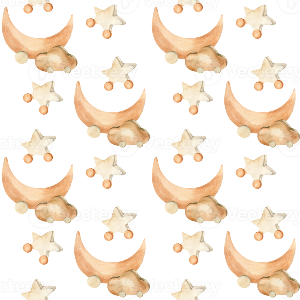 Watercolor wooden moon, cloud and star on wheels seamless kid's pattern. Hand drawn children style background, eco boho pLaying toys for textile, fabric design. Wallpaper, room,scrapbooking design png