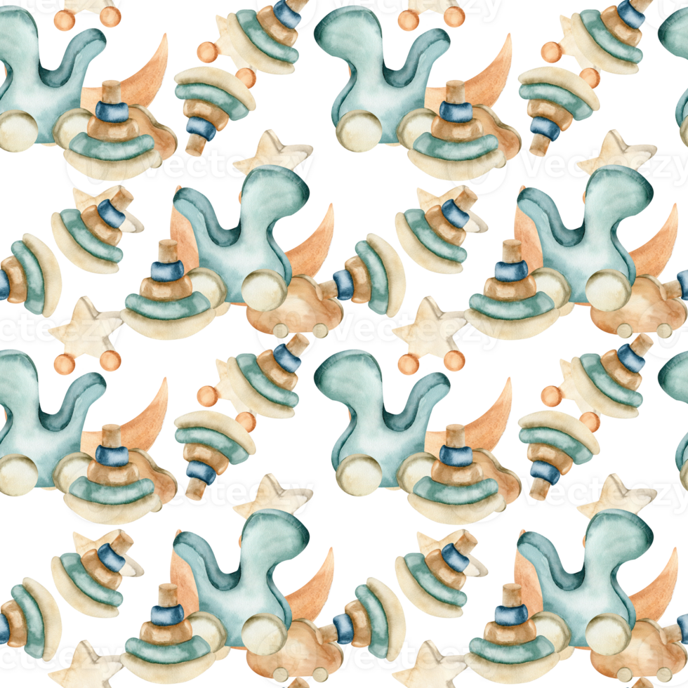 Watercolor wooden toys kid's pattern with green dino, wooden pyramid and moon seamless background. Children boho style pattern for textile, wallpaper, fabric design. Baby room design png