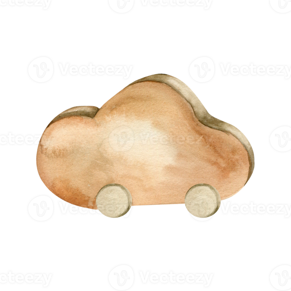 Watercolor wooden toy for little children, brown boho wooden cloud illustration. Toy for baby in wheels, eco friendly playing, minimalism, scandi style. For room postern, decor, baby shower invitation png
