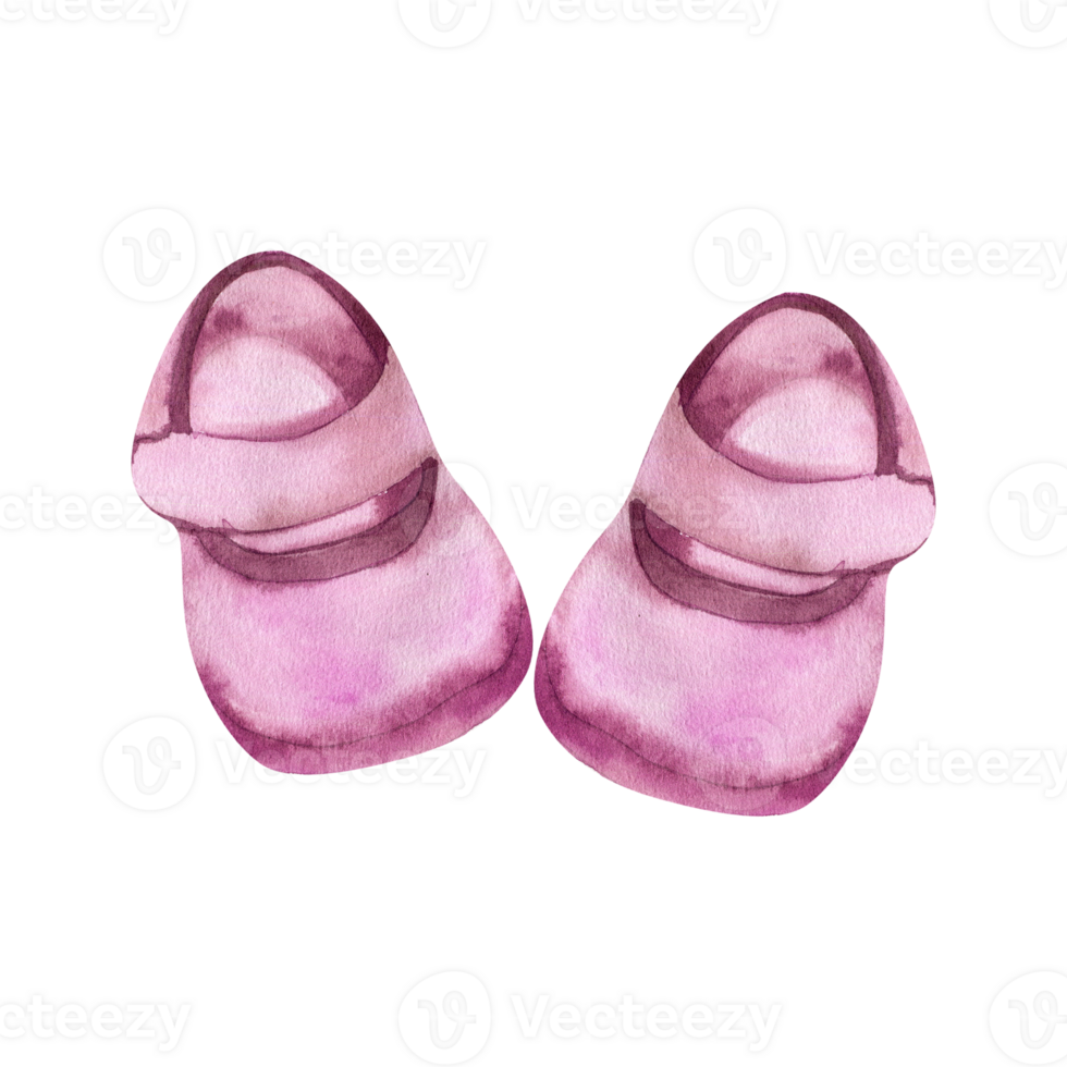 Baby girl pink cute booties watercolor illustration. Hand drawn shoe for newborn, kids clothes for foot. Baby shower party composition for poster, invitation, greeting card design. png
