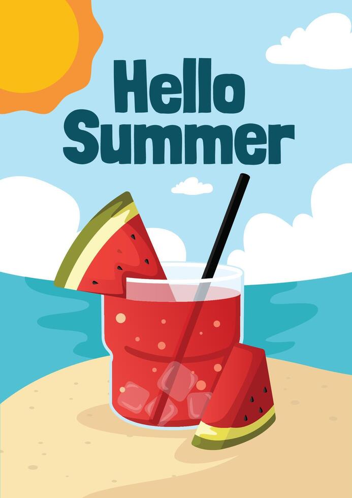 Tropical beach poster with a picture of watermelon juice, suitable for restaurant design posters, juice drink posters, and other designs with a summer theme. Illustration format ready to print. vector