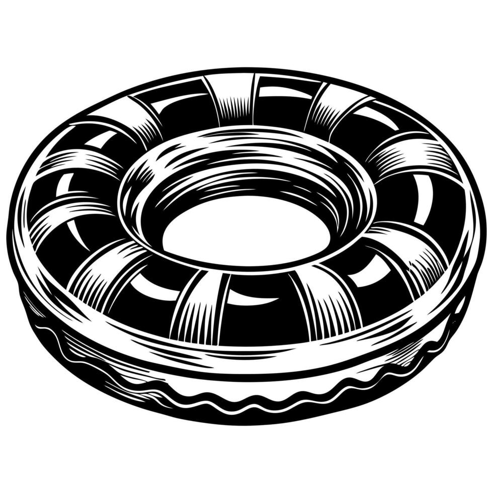 Black and white sketch of a swim ring, highlighting its textured surface and floating motion. vector
