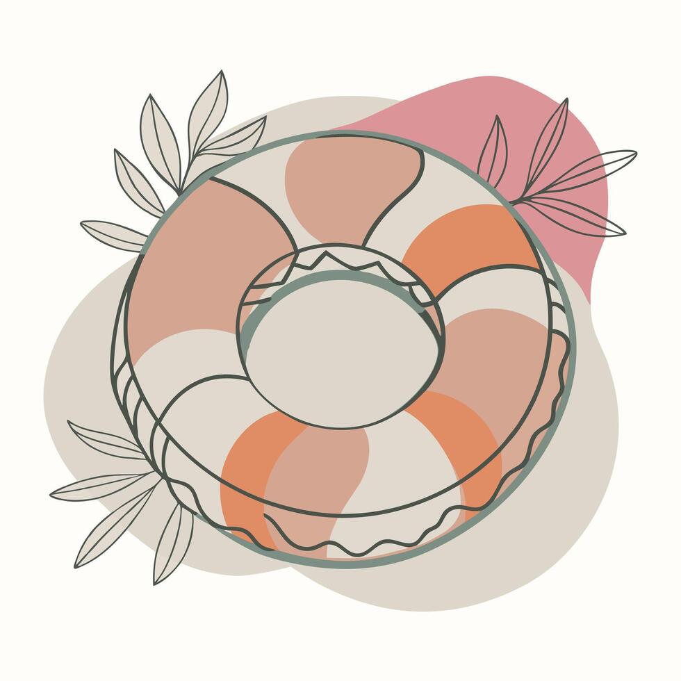 Simple life ring with orange and white segments, surrounded by soft pastel leaves. vector