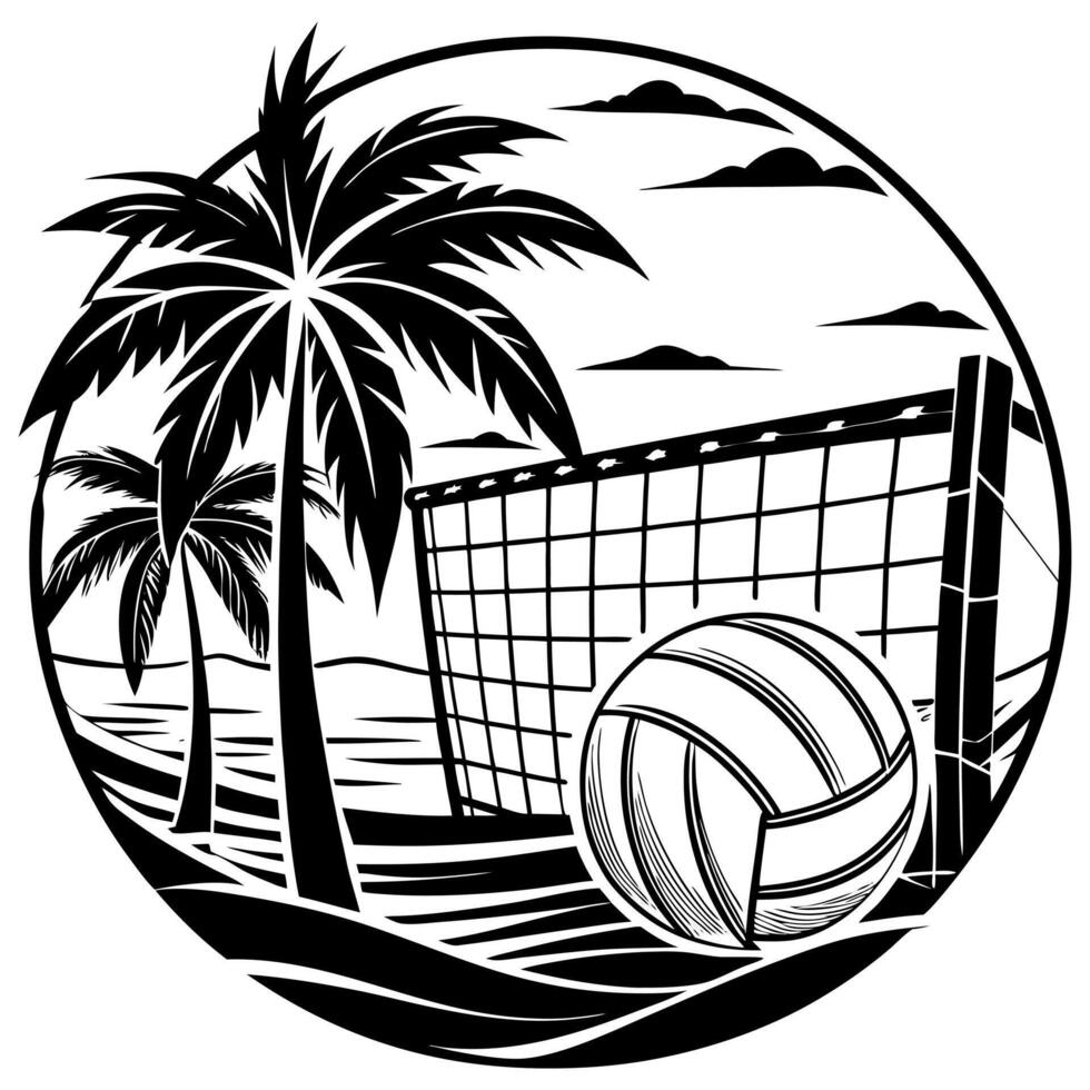 Back and white drawing of a volleyball court, net and surrounding palm trees. vector