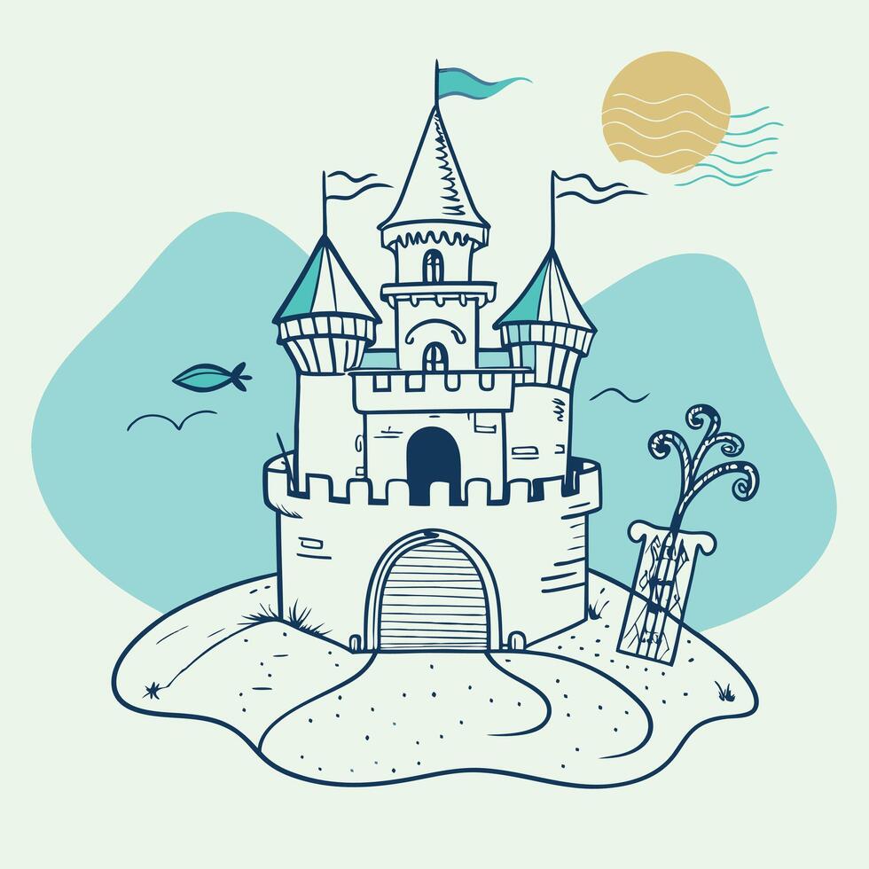 Elegant sketch of a sandcastle with a serene sky and playful birds, capturing a perfect beach day. vector