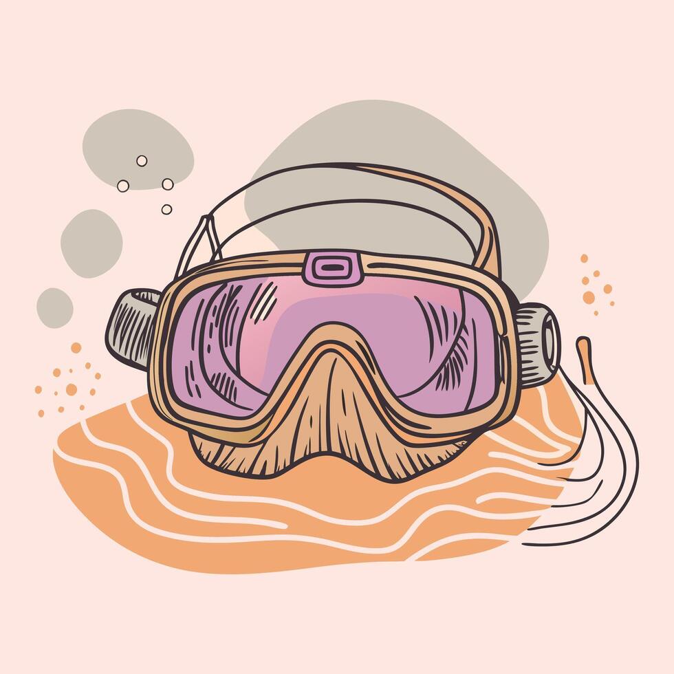 Snorkeling mask with pink lenses, surrounded by abstract pastel shapes and bubbles vector