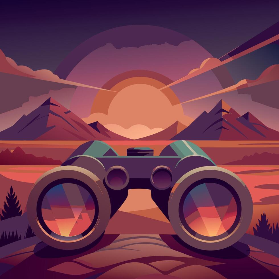 Illustration of binoculars with a scenic sunset backdrop, evoking exploration and discovery. vector