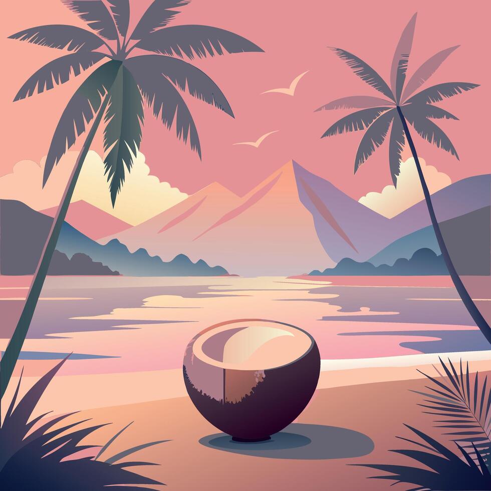 Tropical sunset scene with a coconut on the sandy shore, palm trees, mountains vector