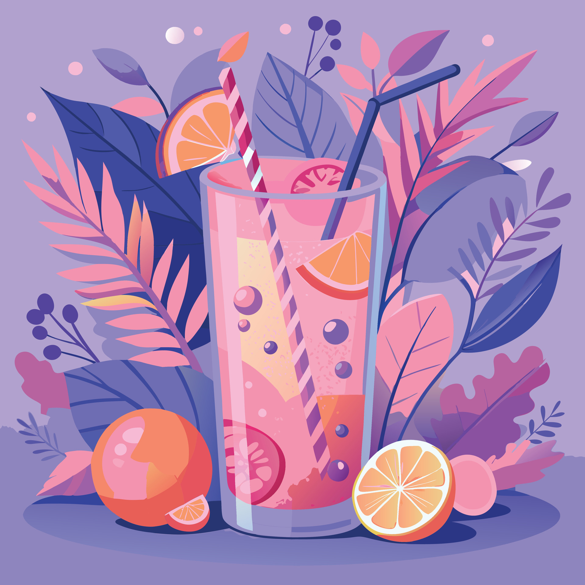 Refreshing citrus cocktail with straws and bubbles, tropical leaves and