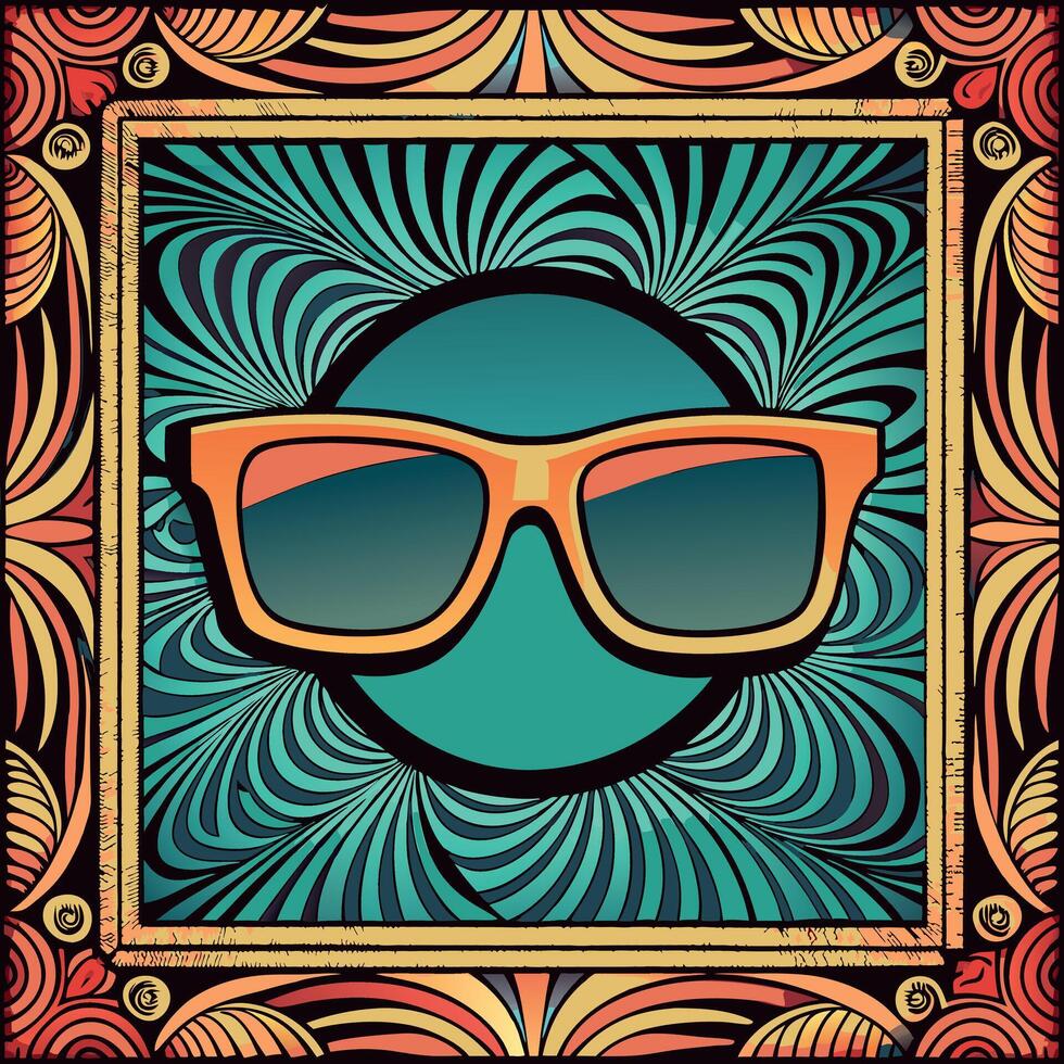 Trendy orange sunglasses with gradient lenses, framed by a vibrant and ornate background. vector