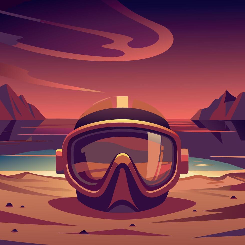 Diving mask on the shore, framed by a stunning sunset and distant mountains. vector