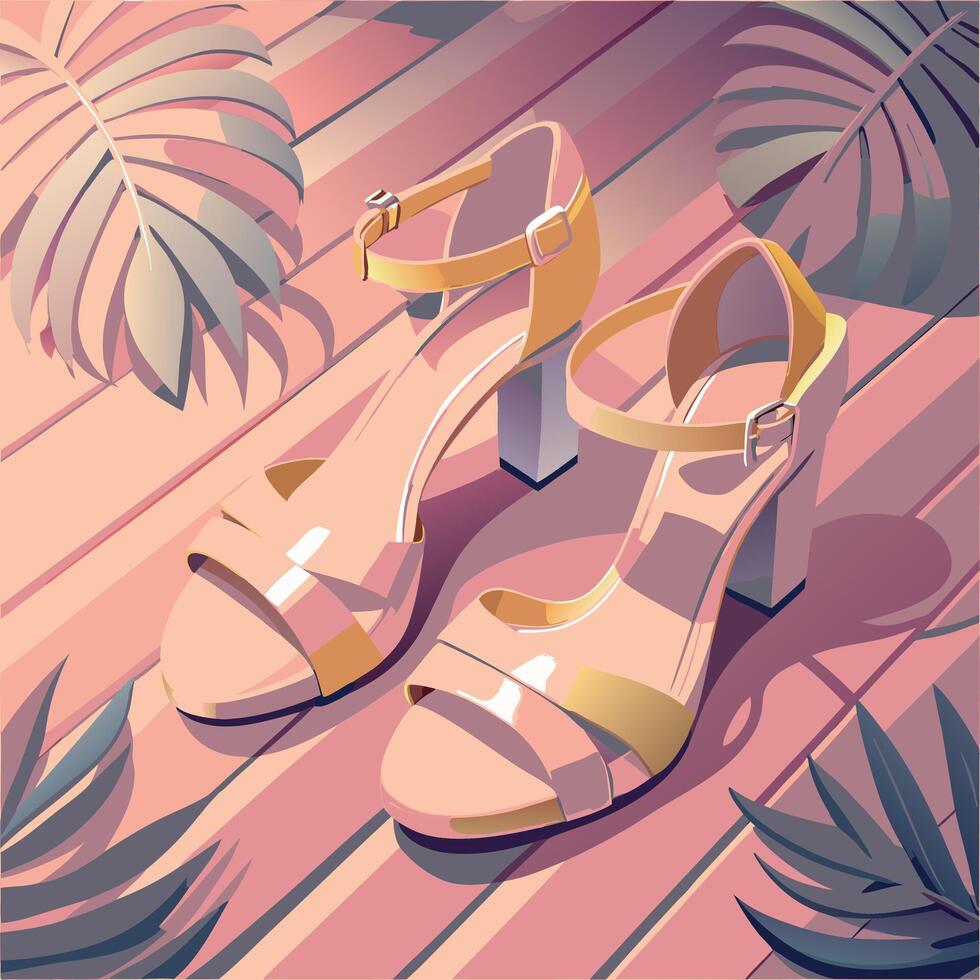 Elegant high-heeled sandals with ankle straps, wooden surface, tropical leaves vector