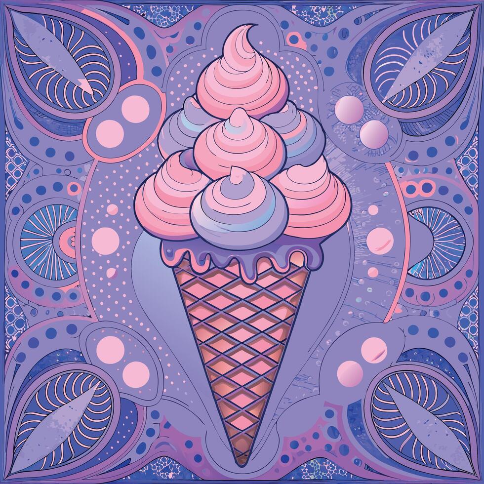 Ornate ice cream cone with swirls, set against an intricate decorative background in pastel colors vector