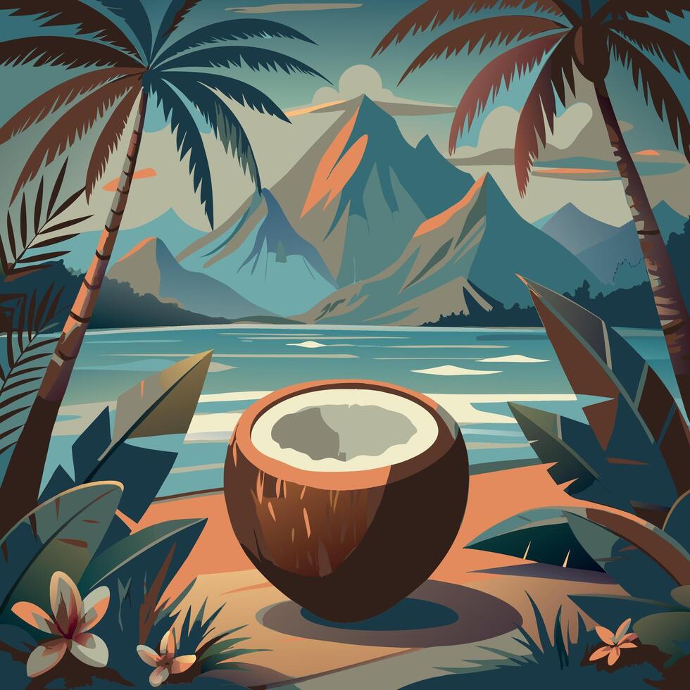 A coconut rests on a sandy beach near the ocean, with palm trees, a mountain, tropical flora, and flowers serving as the backdrop. vector