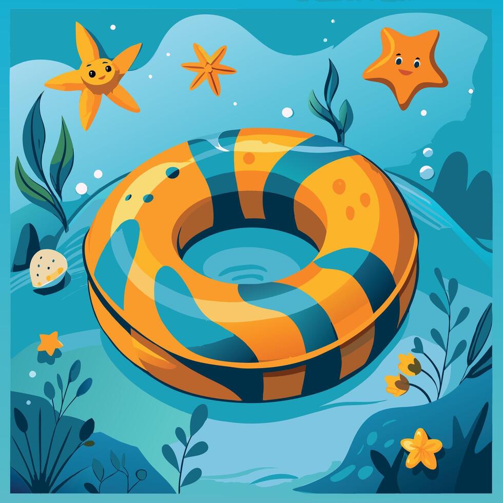Striped inflatable ring floating in the water, accompanied by smiling starfish vector