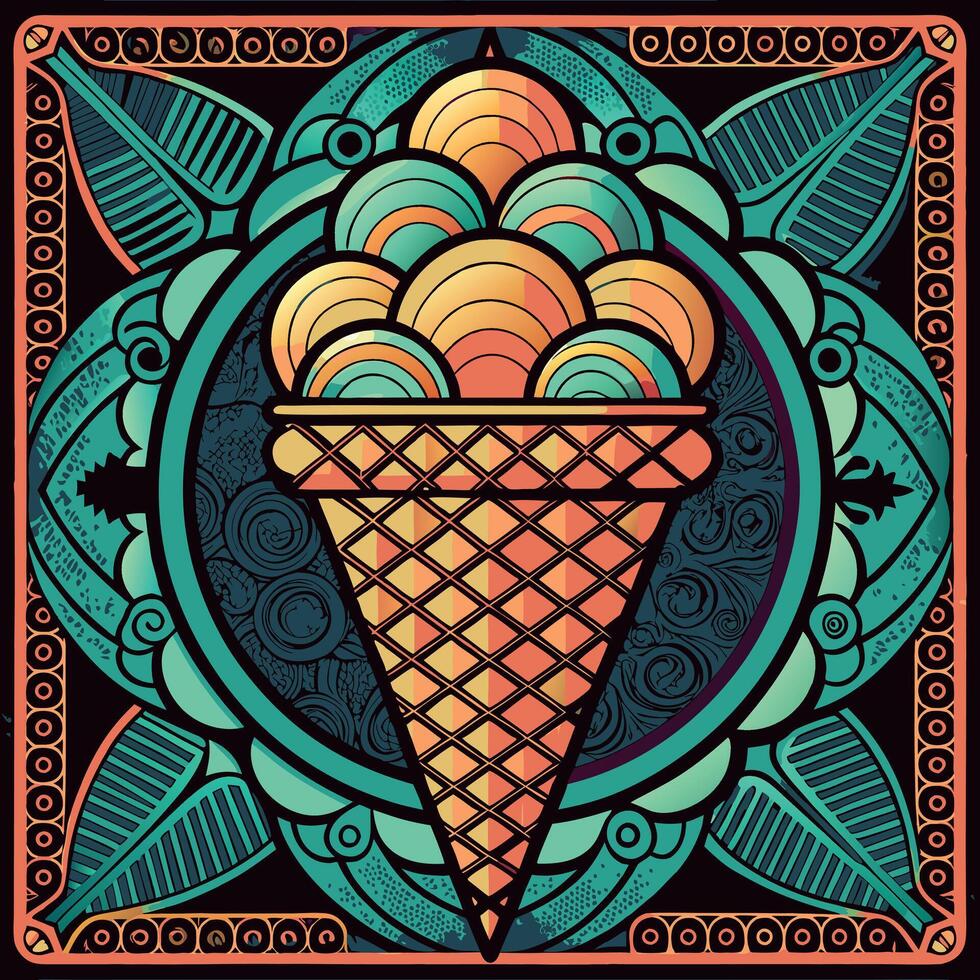 Colorful ice cream cone with multiple scoops, set against an intricate and vibrant background vector