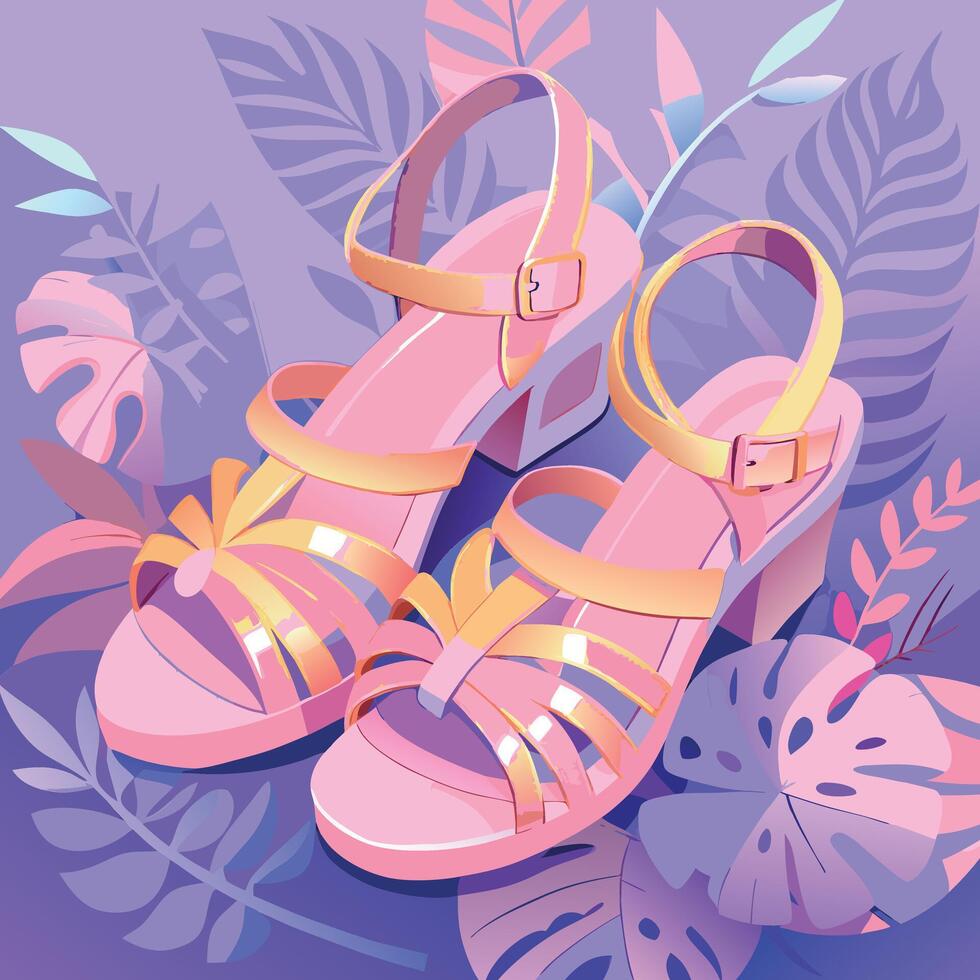 Stylish pink and yellow high-heeled sandals, set against a vibrant background of tropical leaves vector