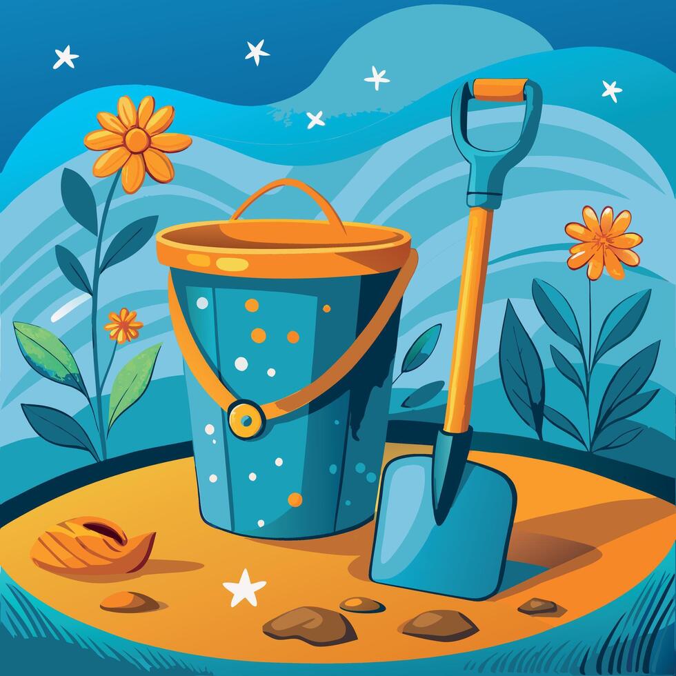 Blue bucket and shovel on a sandy patch, surrounded by flowers and plants vector