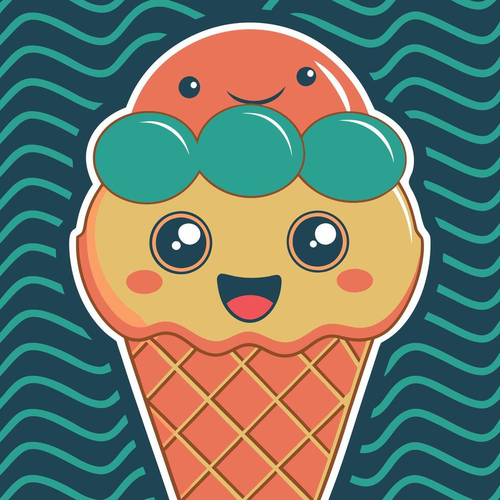 Cute ice cream cone with a smiling face, colorful scoops, wavy teal background vector
