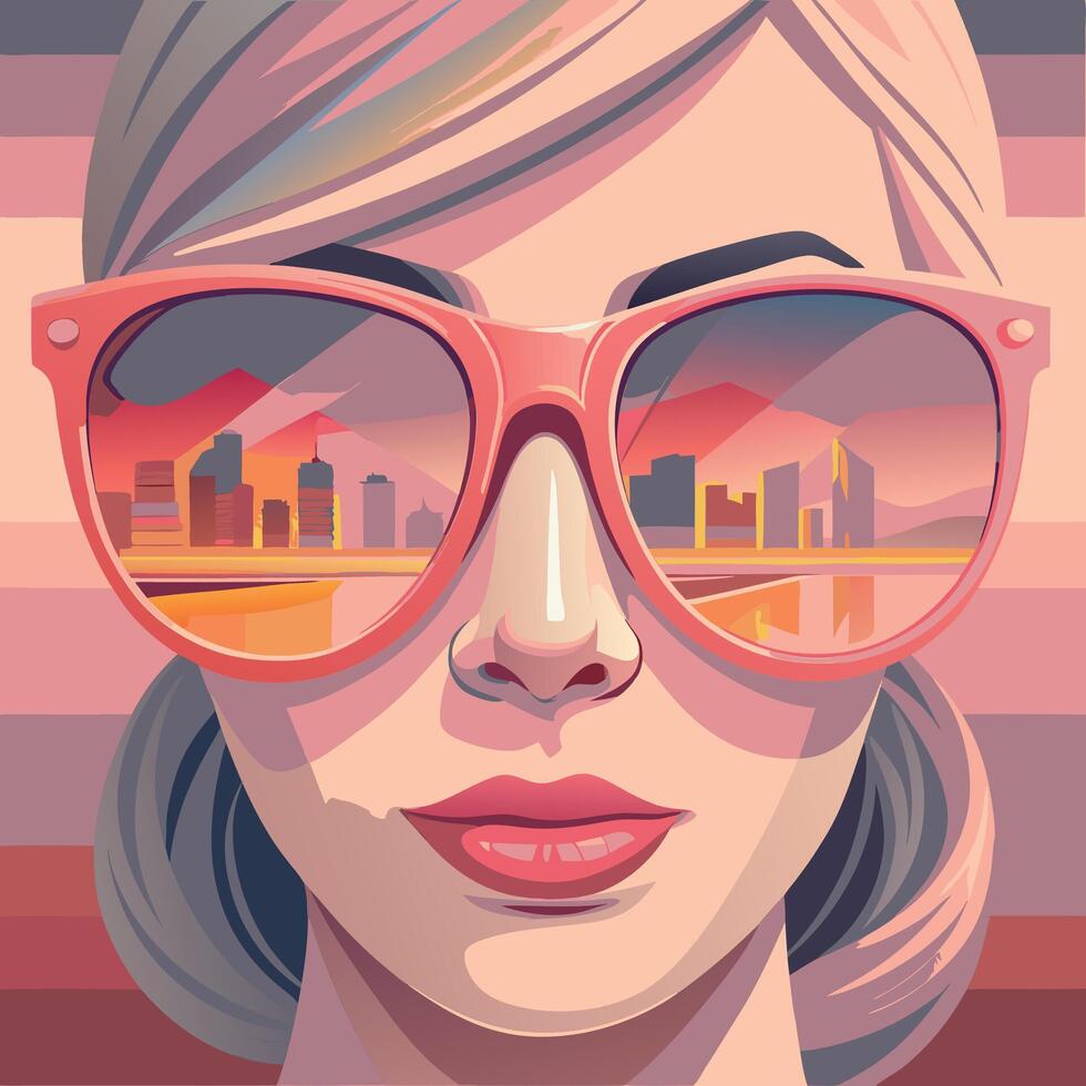 Close-up of a woman's face wearing sunglasses reflecting a cityscape, urban vector