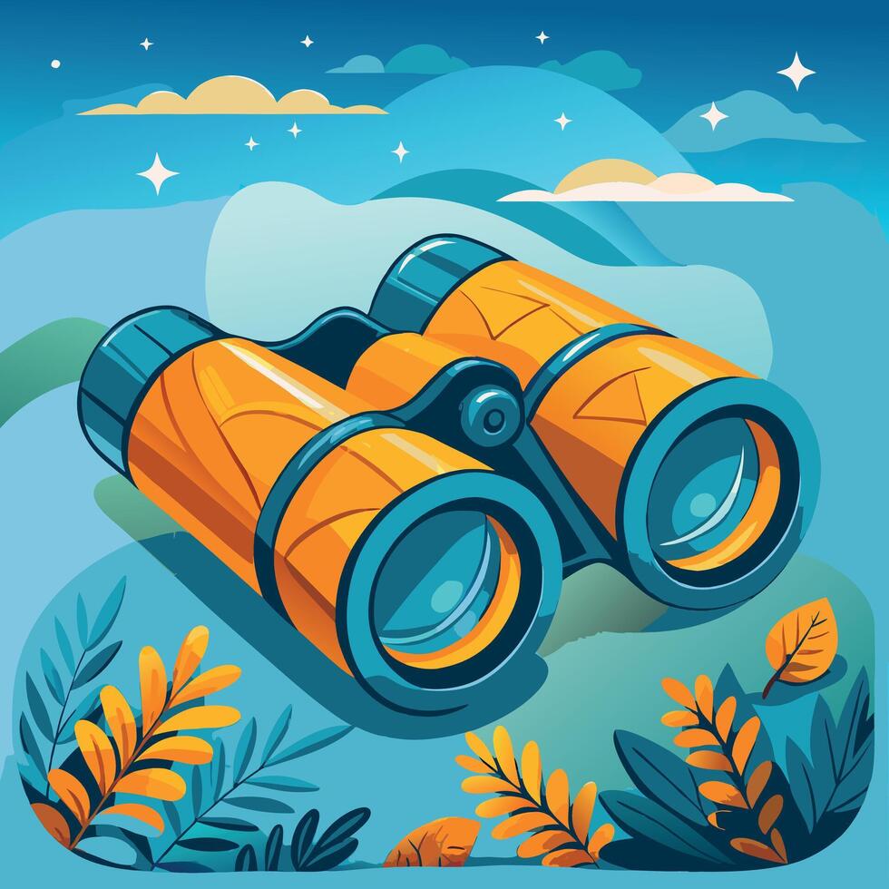 Orange and blue binoculars on a grassy hill, with a scenic sky in the background vector