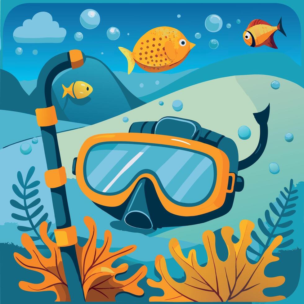 Diving mask and snorkel with colorful fish and coral in an underwater scene vector