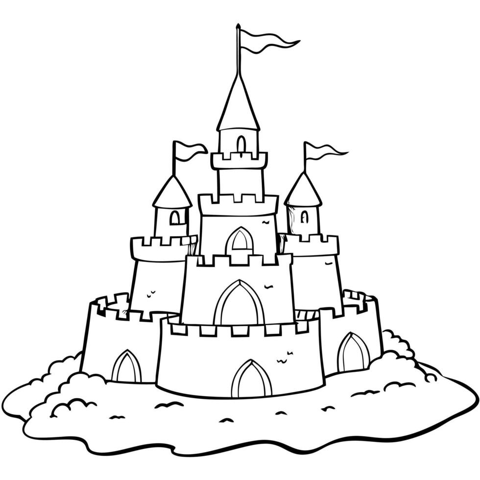 Elegant sketch of a sandcastle with a serene sky and playful birds, capturing a perfect beach day. vector