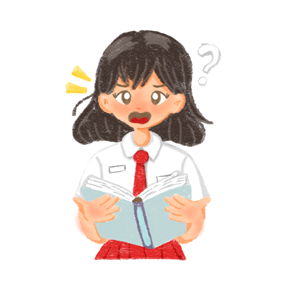 a girl in school uniform holding a book with a question mark sticker png