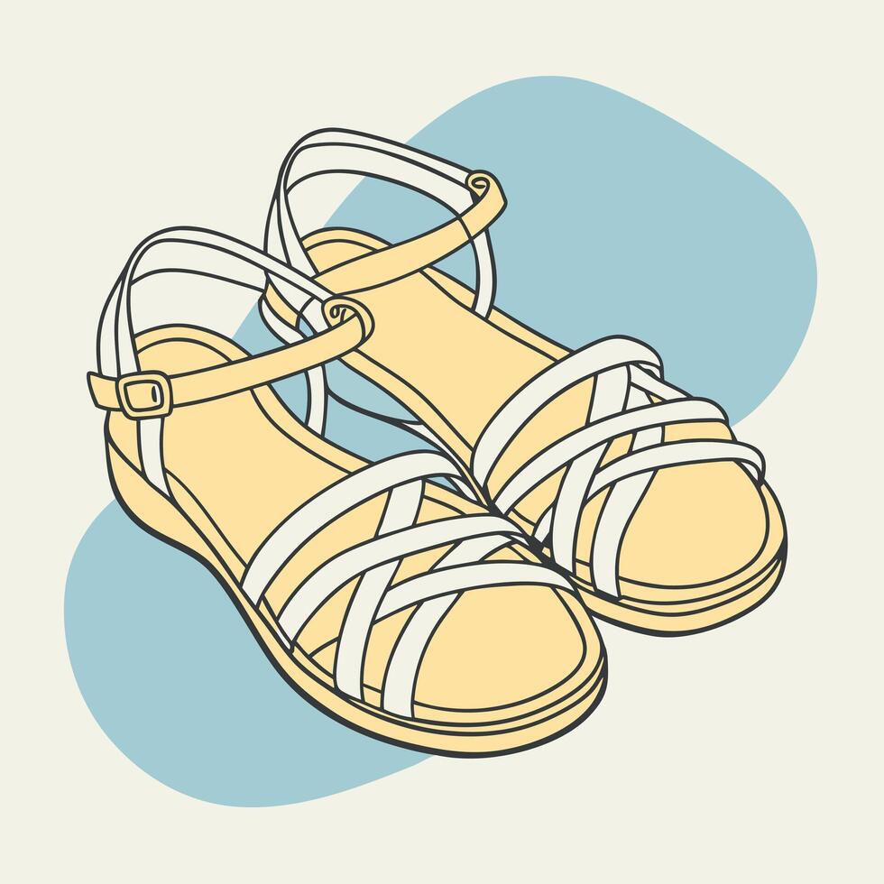 Bohemian summer image with yellow sandals worn by women on a white background with a blue circle vector