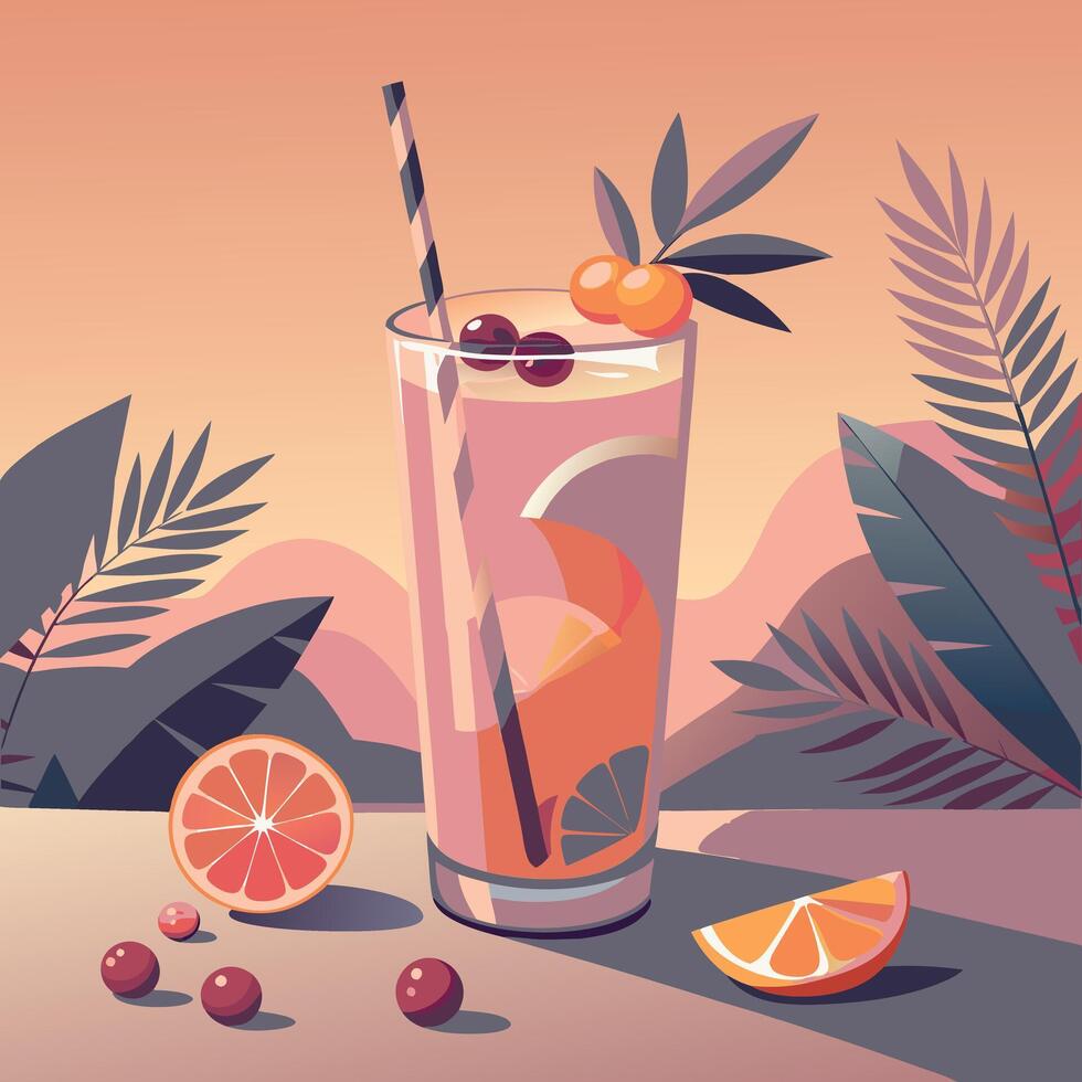 Refreshing cocktail with citrus slices, berries, and a straw, tall glass, leaves vector