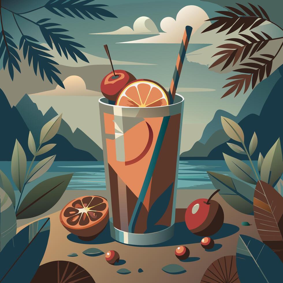 Summer illustration orange cocktail with a straw, long glass, tropical fruits vector